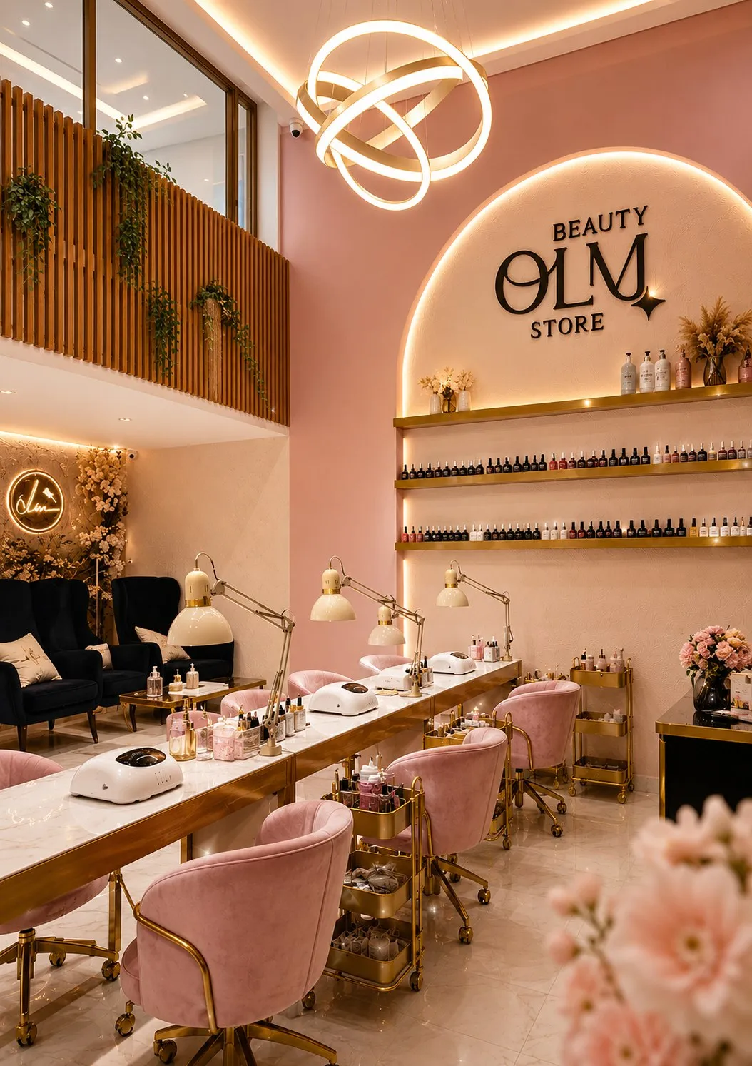 Intérieur du salon OLM Beauty à Rabat — espace onglerie et boutique beauté